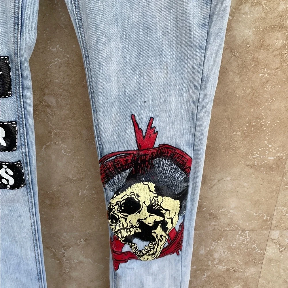 Watson Jeans Size 36 Skull Patch Distressed Punk Slogan Light Blue Graphic Denim